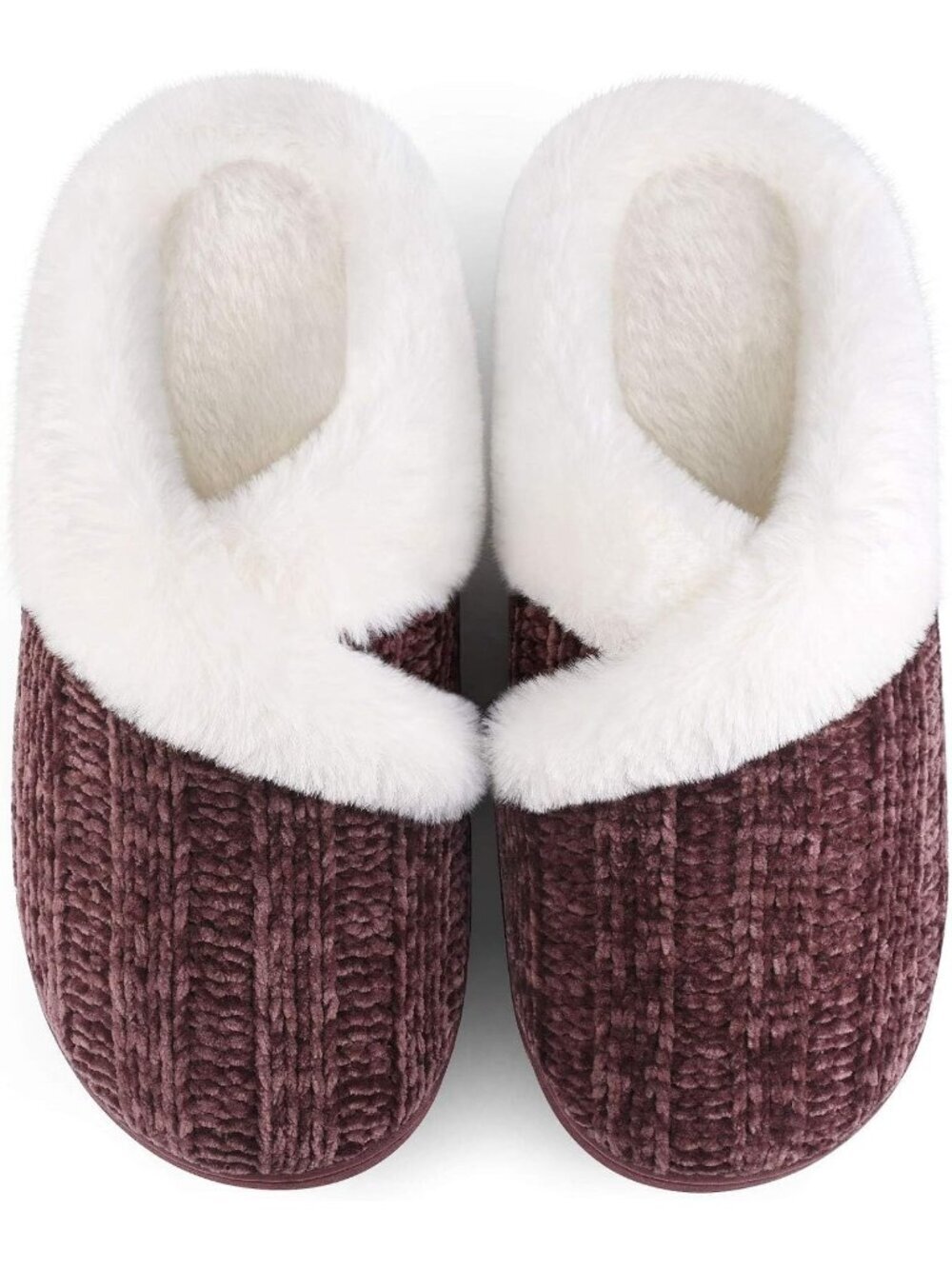 Women Wine Red Fuzzy House Slip on Indoor Outdoor Anti-Skid Rubber Slipper Shoes